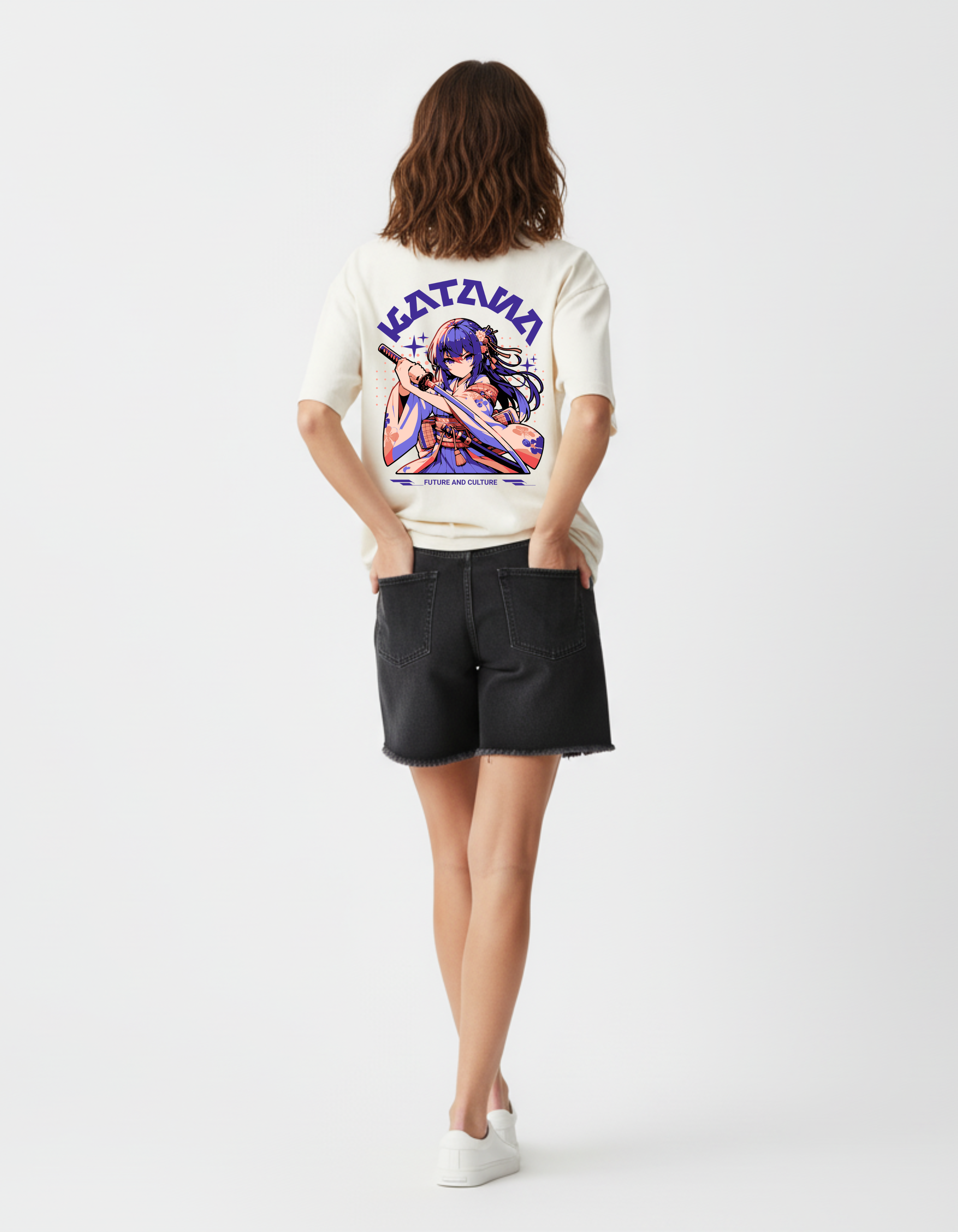 Person wearing a white t-shirt with an anime graphic and black shorts on a white background