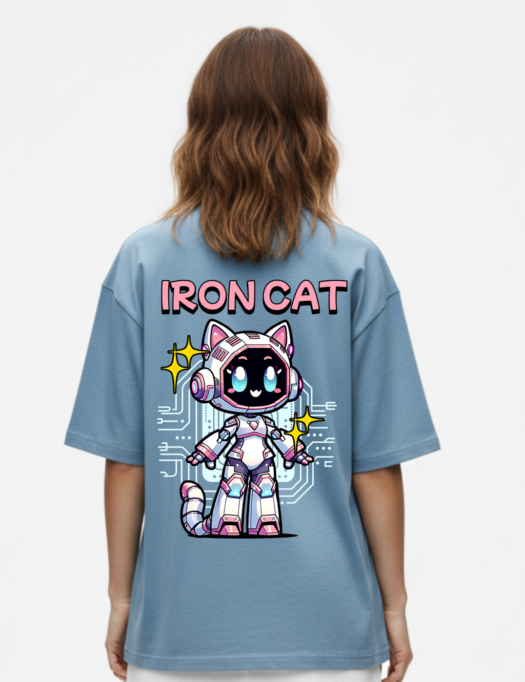 Person wearing a blue t-shirt with 'IRON CAT' design on the back, standing against a white background
