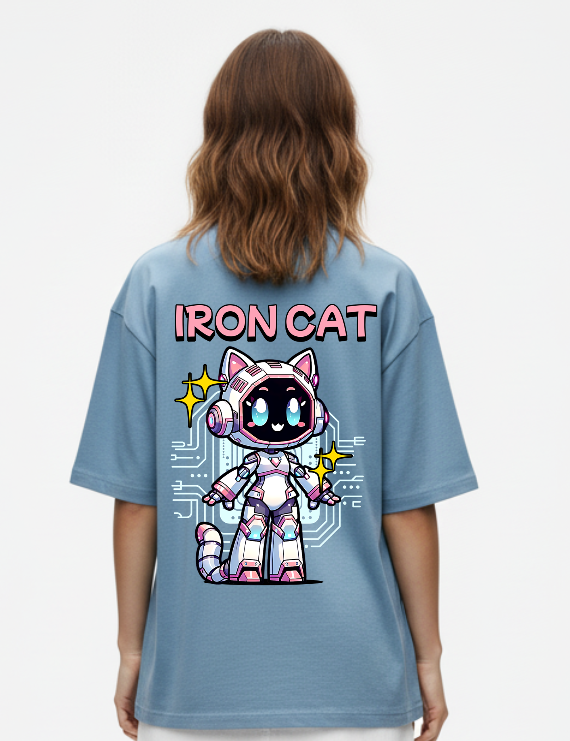 Person wearing a blue t-shirt with 'IRON CAT' design on the back, standing against a white background