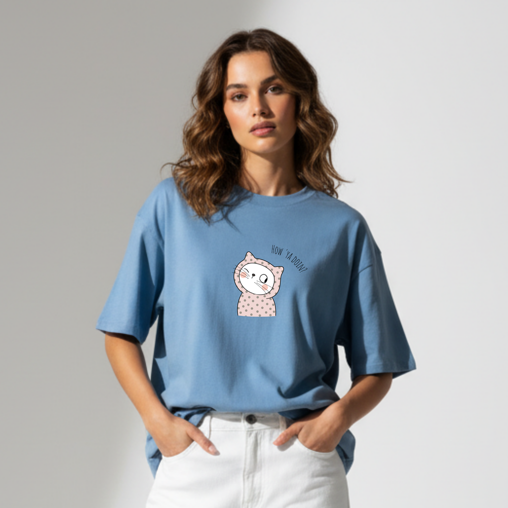 Women's Blue Graphic T-Shirt with Cute Cat Print | Ademode