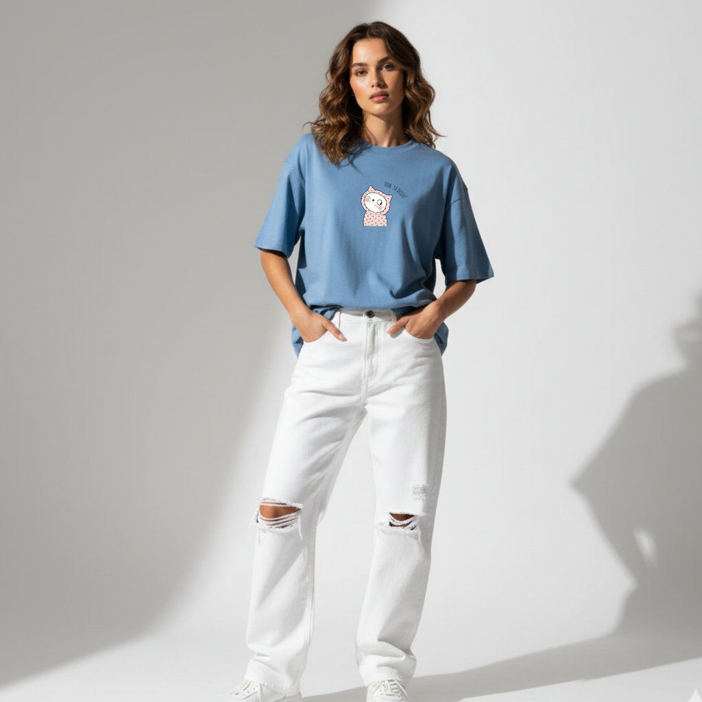 Women's Blue Graphic T-Shirt with Cute Cat Print | Ademode