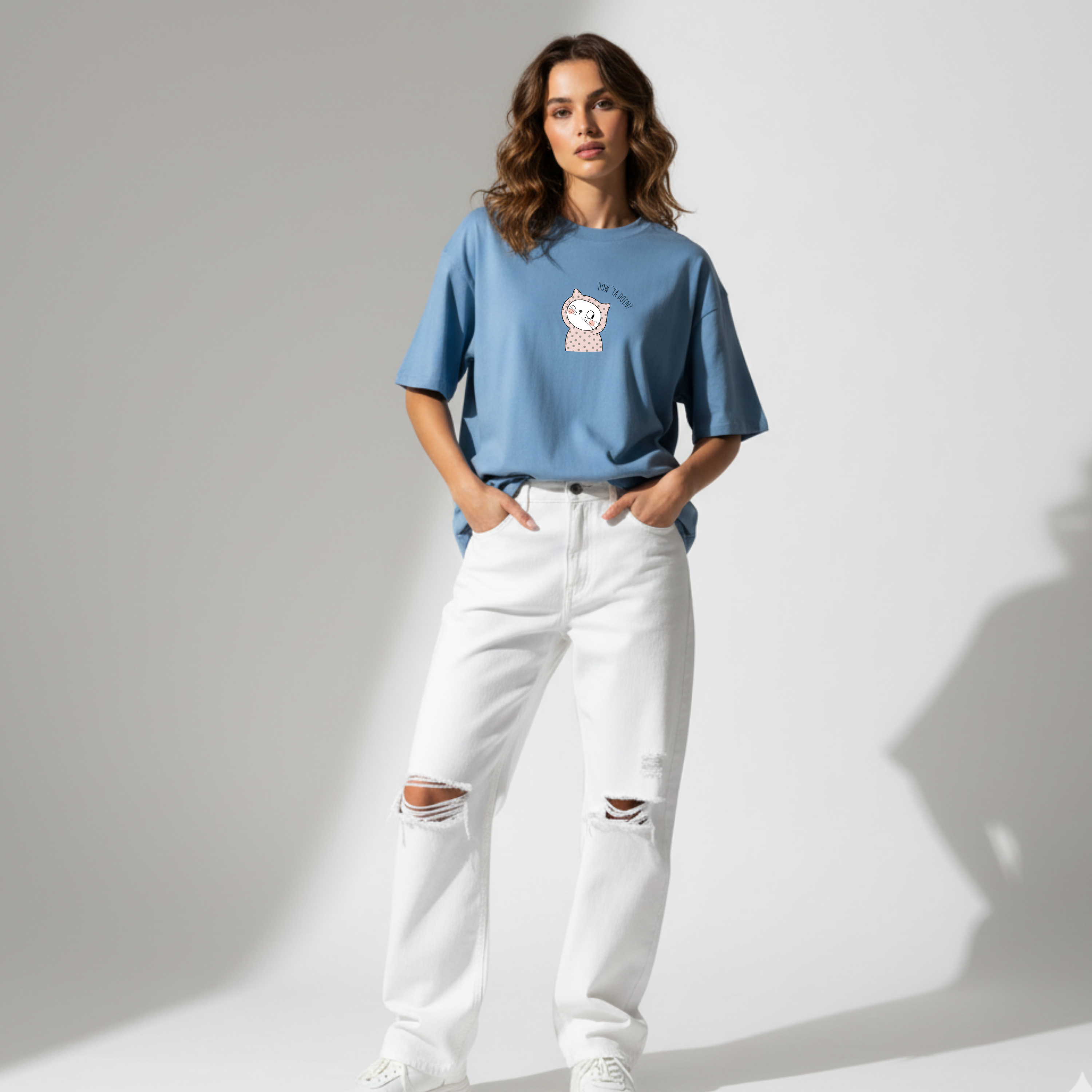 Women's Blue Graphic T-Shirt with Cute Cat Print | Ademode