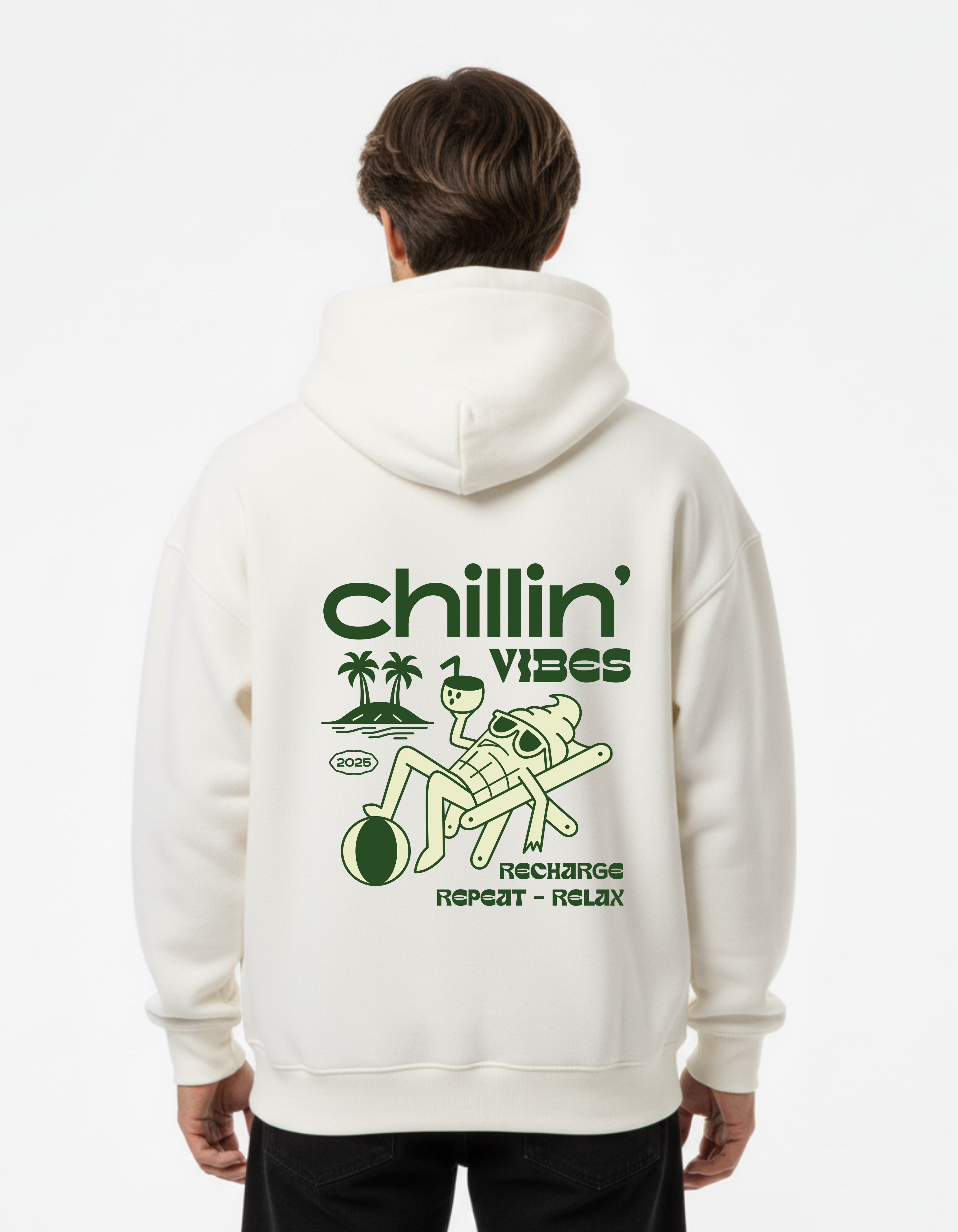 ADEMODE Chillin’ Vibes Hoodie – Unisex Oversized Offwhite Hoodie | Tropical Chill Graphic | Relax & Recharge Streetwear