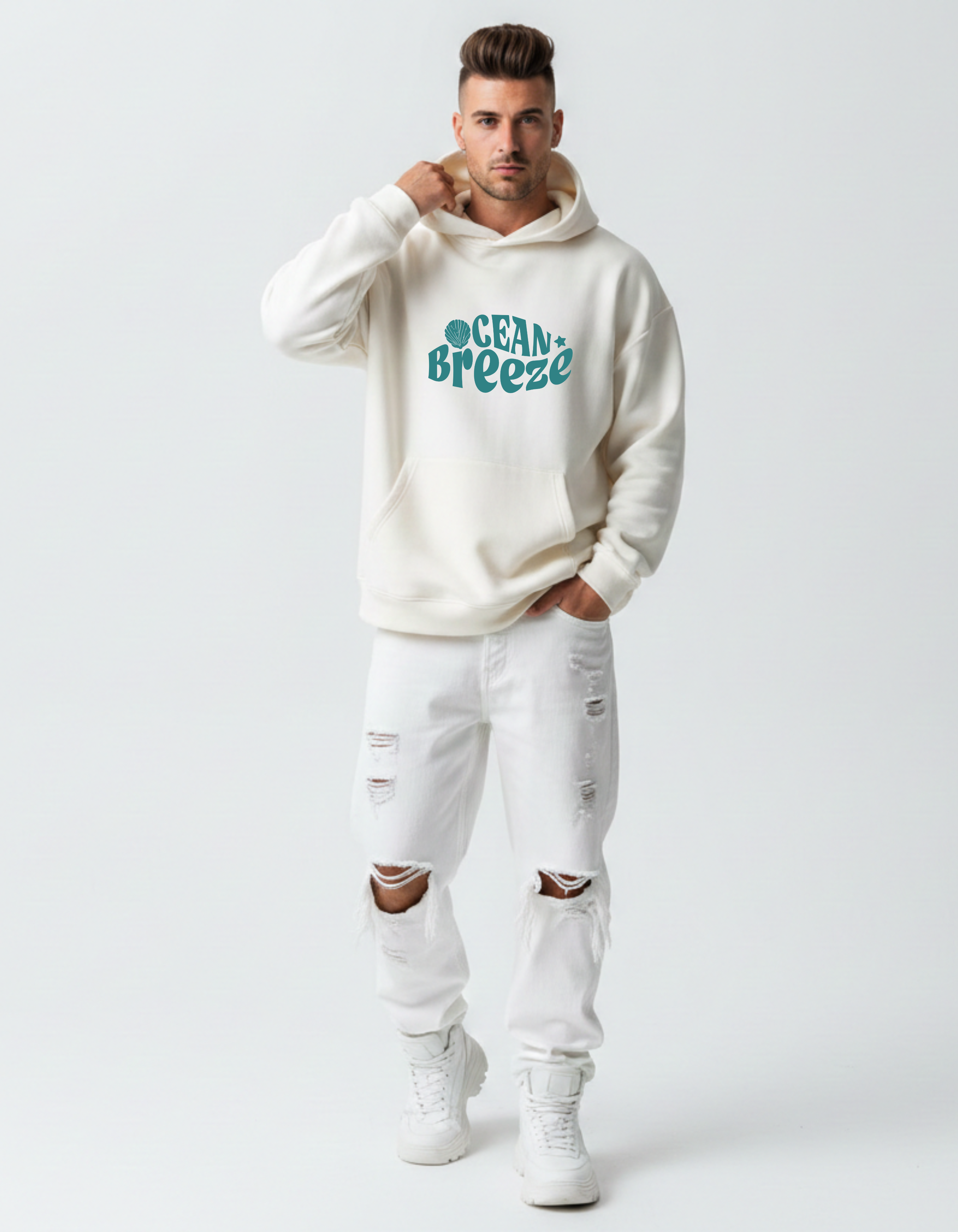 ADEMODE Ocean Breeze Hoodie – Unisex Oversized Cream Hoodie | Coastal Graphic Streetwear | Minimal Aesthetic