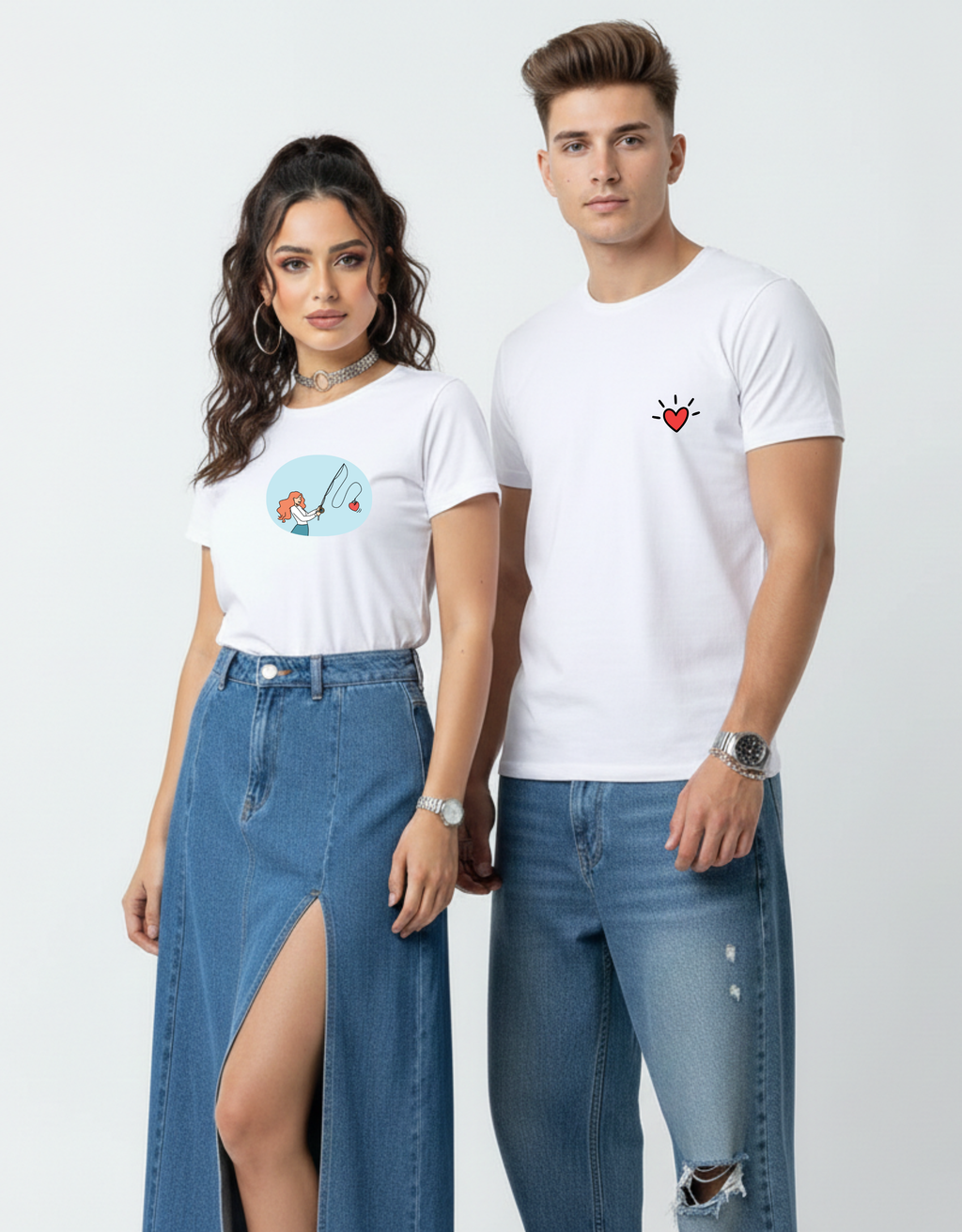 Matching Couple Love T-Shirts | Cute Heart Fishing Design