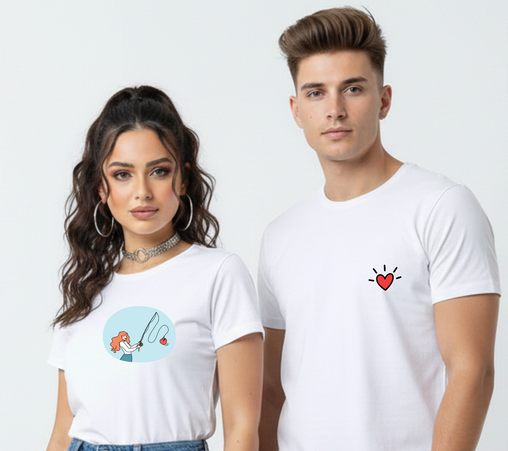Matching Couple Love T-Shirts | Cute Heart Fishing Design