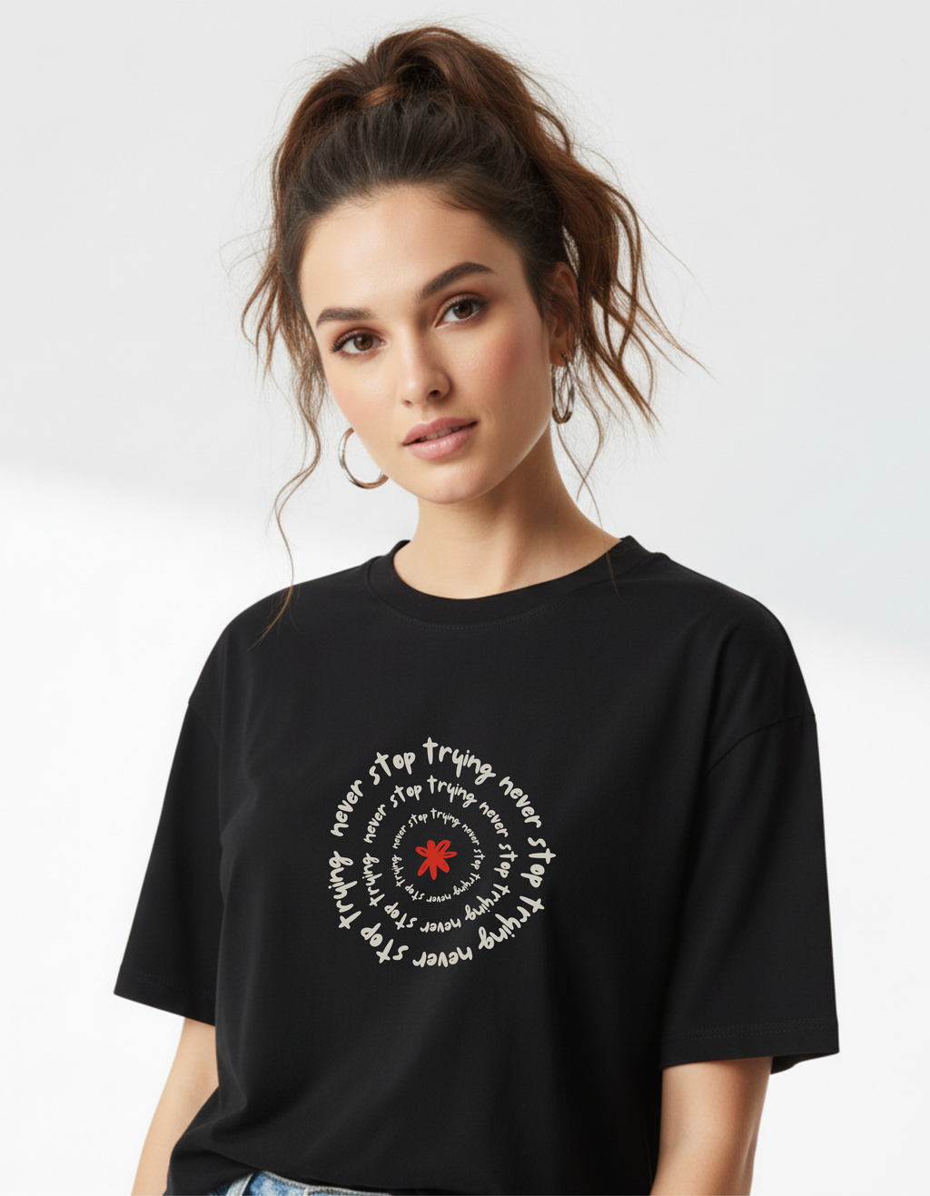 Never Stop Trying Graphic Black T-Shirt for Women | Motivational Streetwear