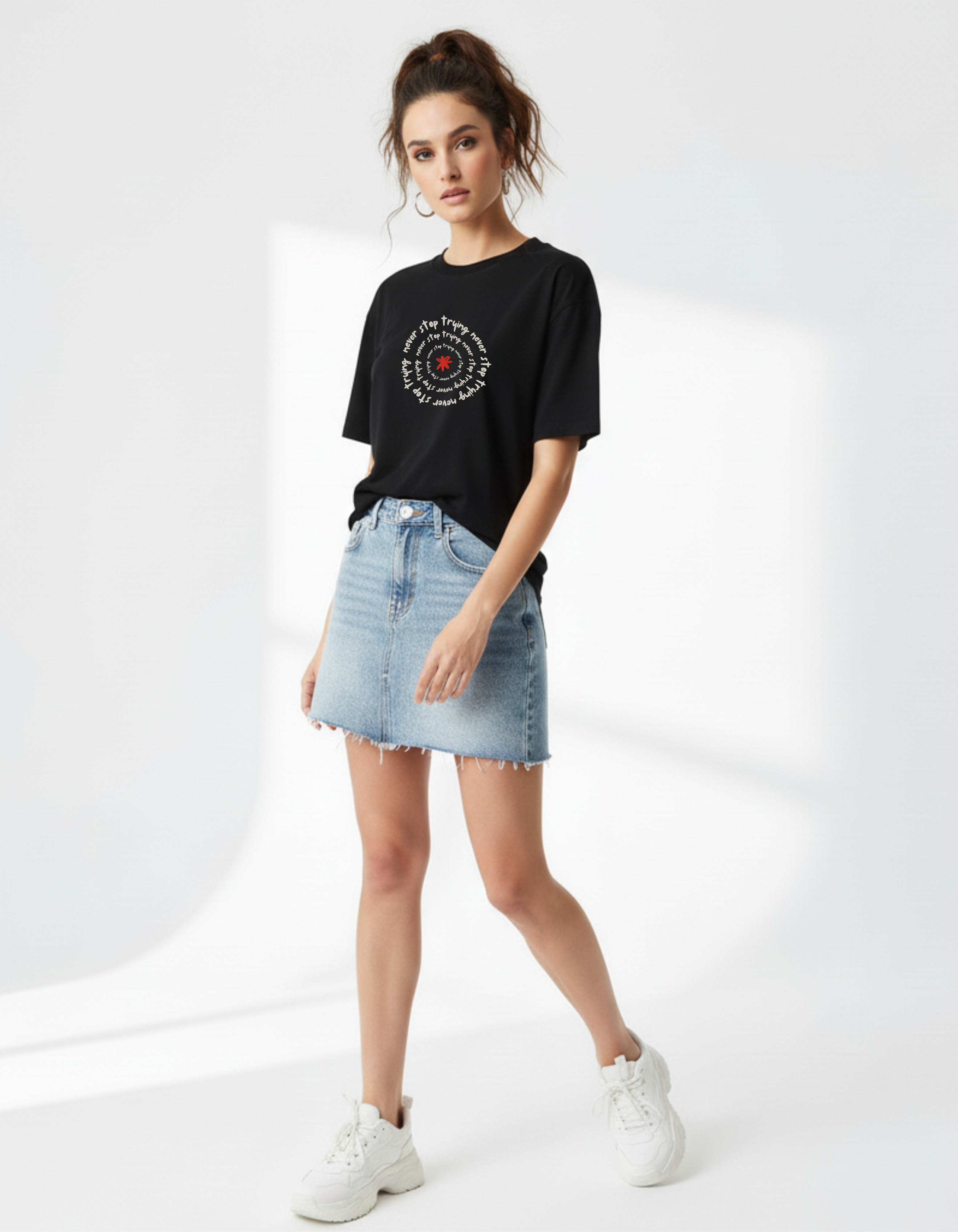 Never Stop Trying Graphic Black T-Shirt for Women | Motivational Streetwear