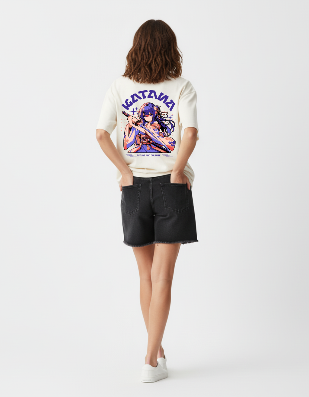 Person wearing a white t-shirt with an anime graphic and black shorts on a white background