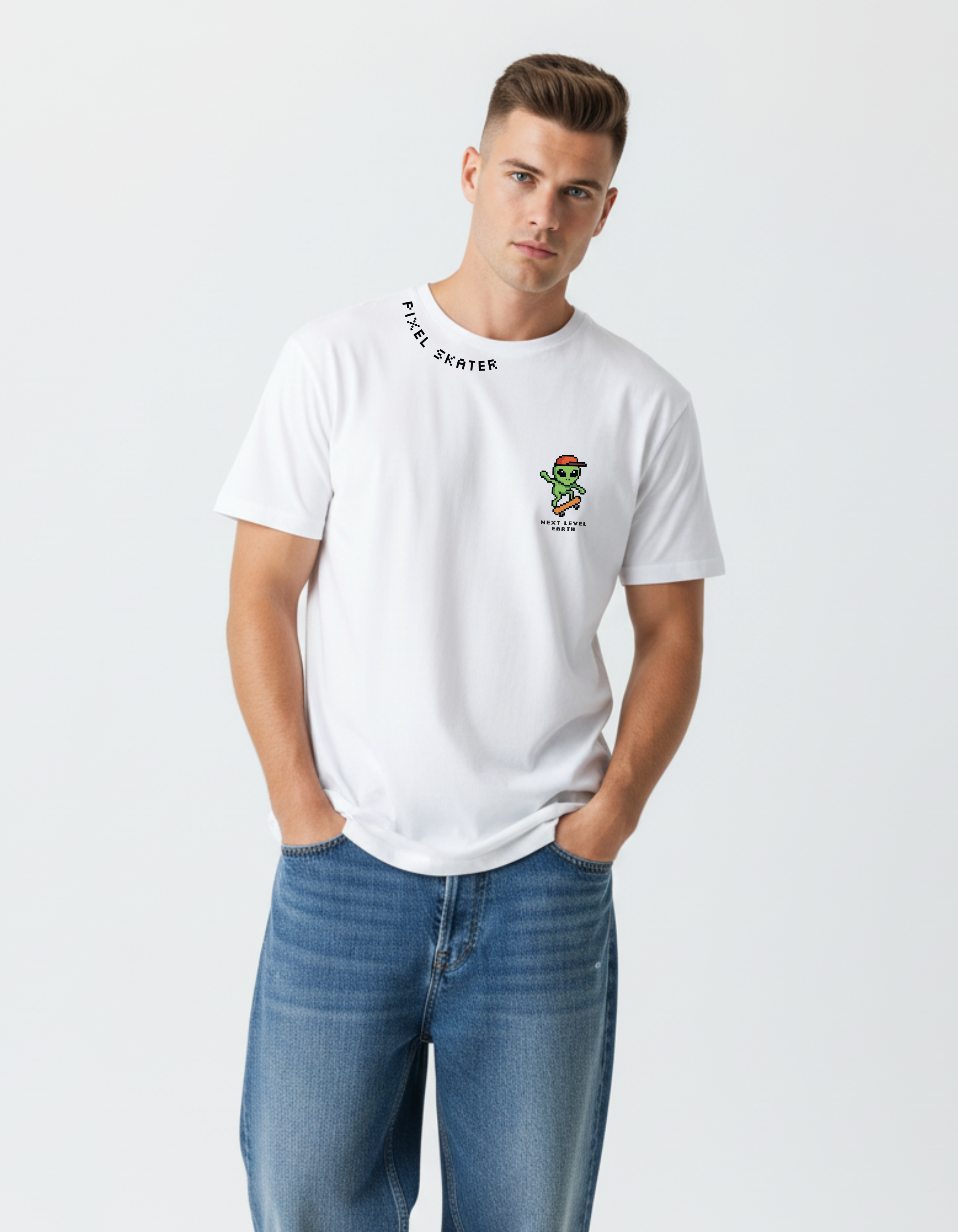 Pixel Skater White Graphic T-Shirt | Streetwear Style – Ademode