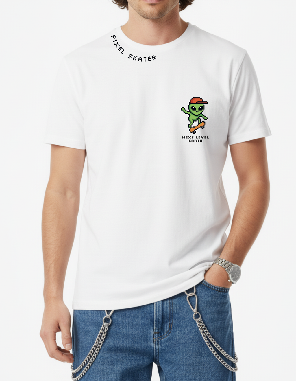 Pixel Skater White Graphic T-Shirt | Streetwear Style – Ademode
