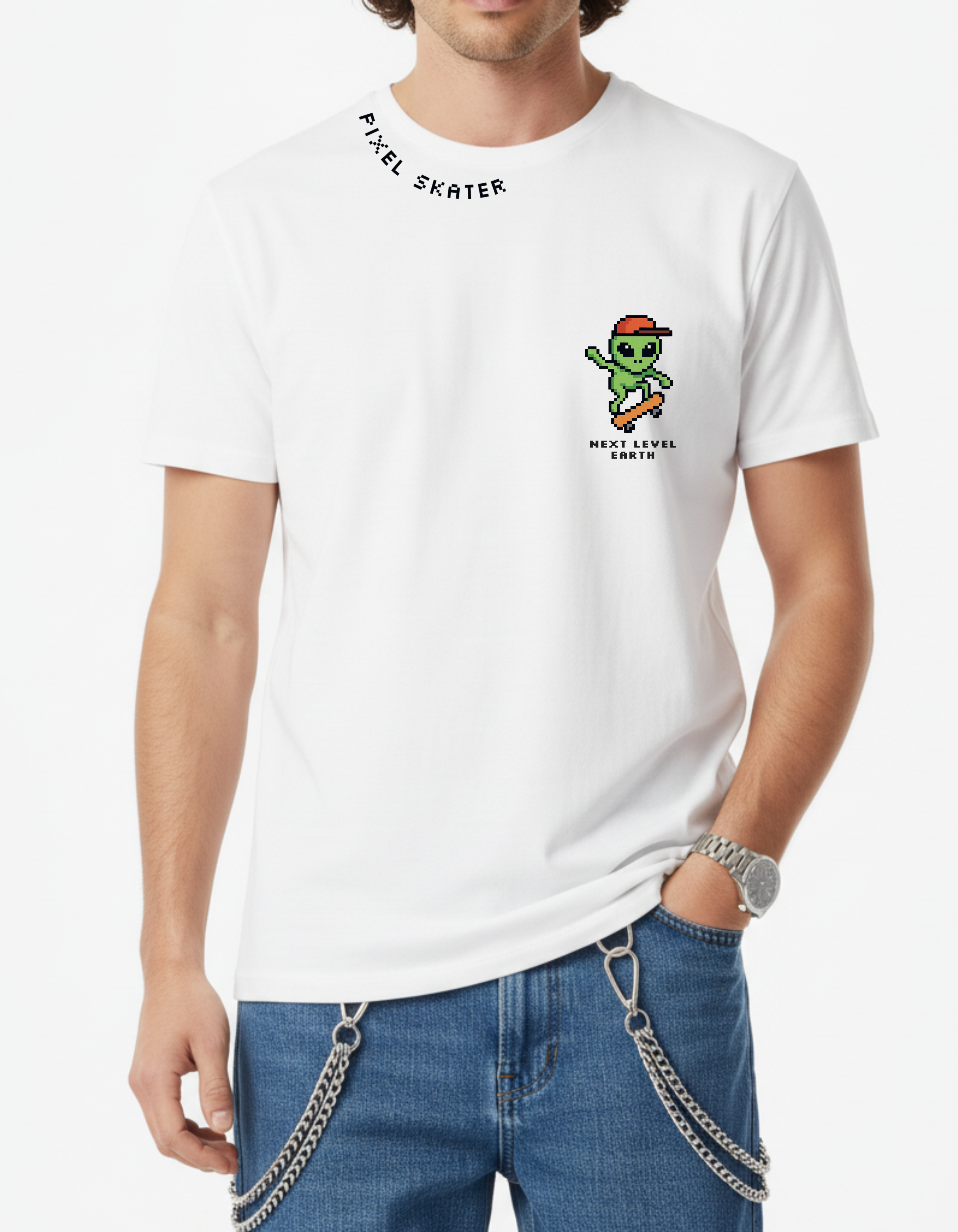 Pixel Skater White Graphic T-Shirt | Streetwear Style – Ademode