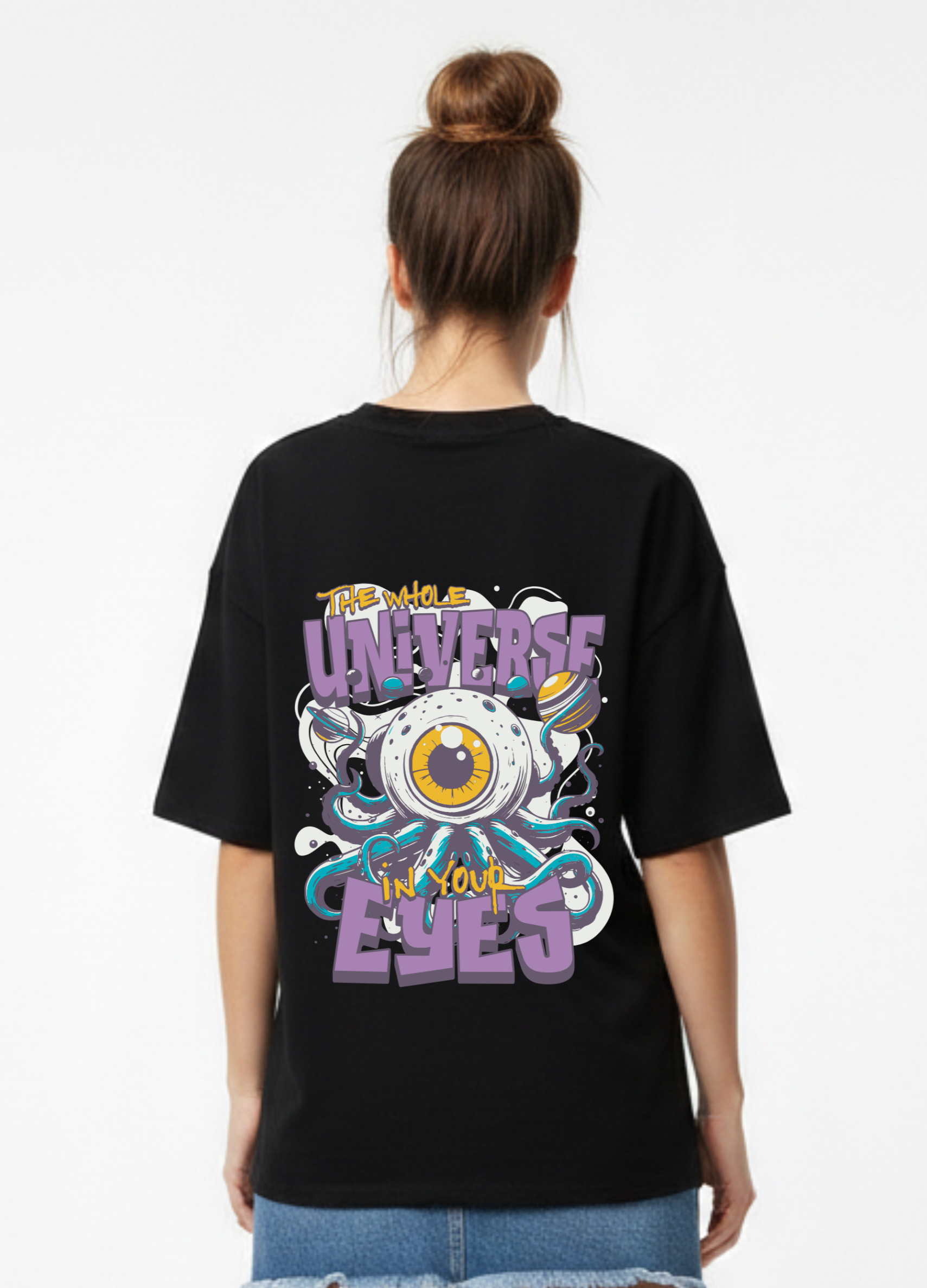 Universe in Your Eyes Oversized Black Graphic T-Shirt | Ademode