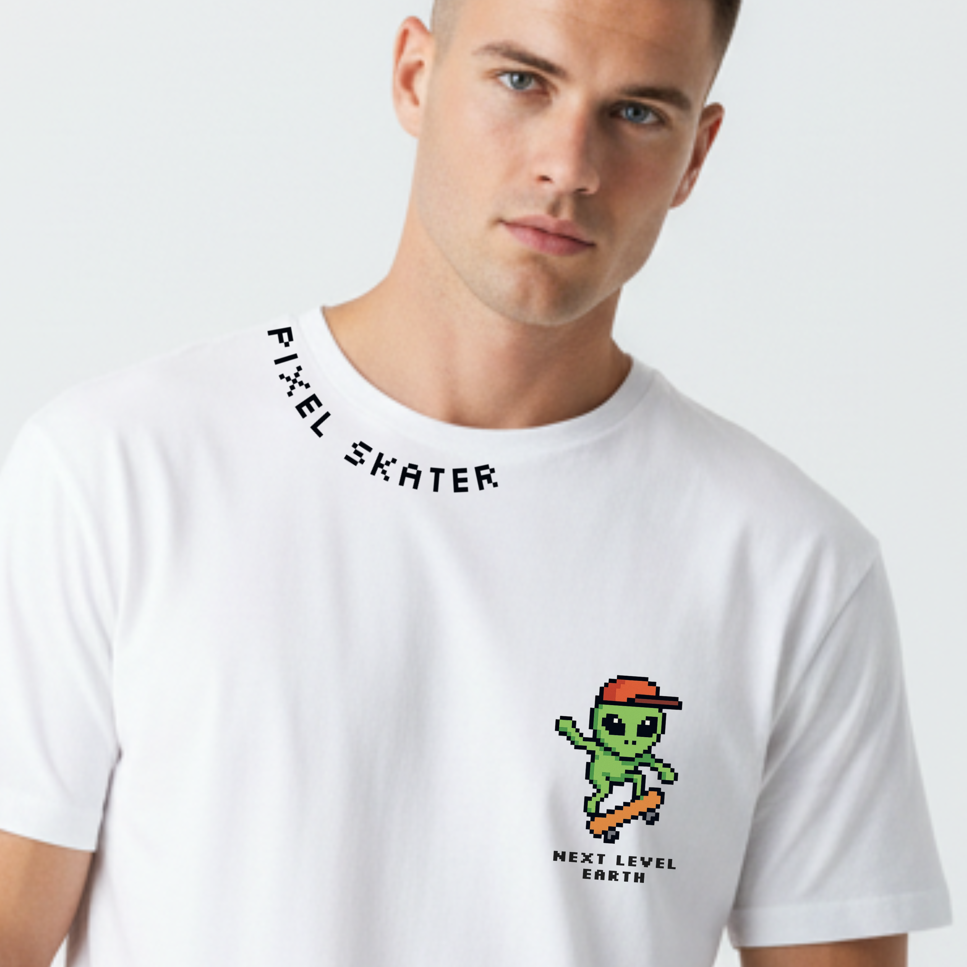 Pixel Skater White Graphic T-Shirt | Streetwear Style – Ademode