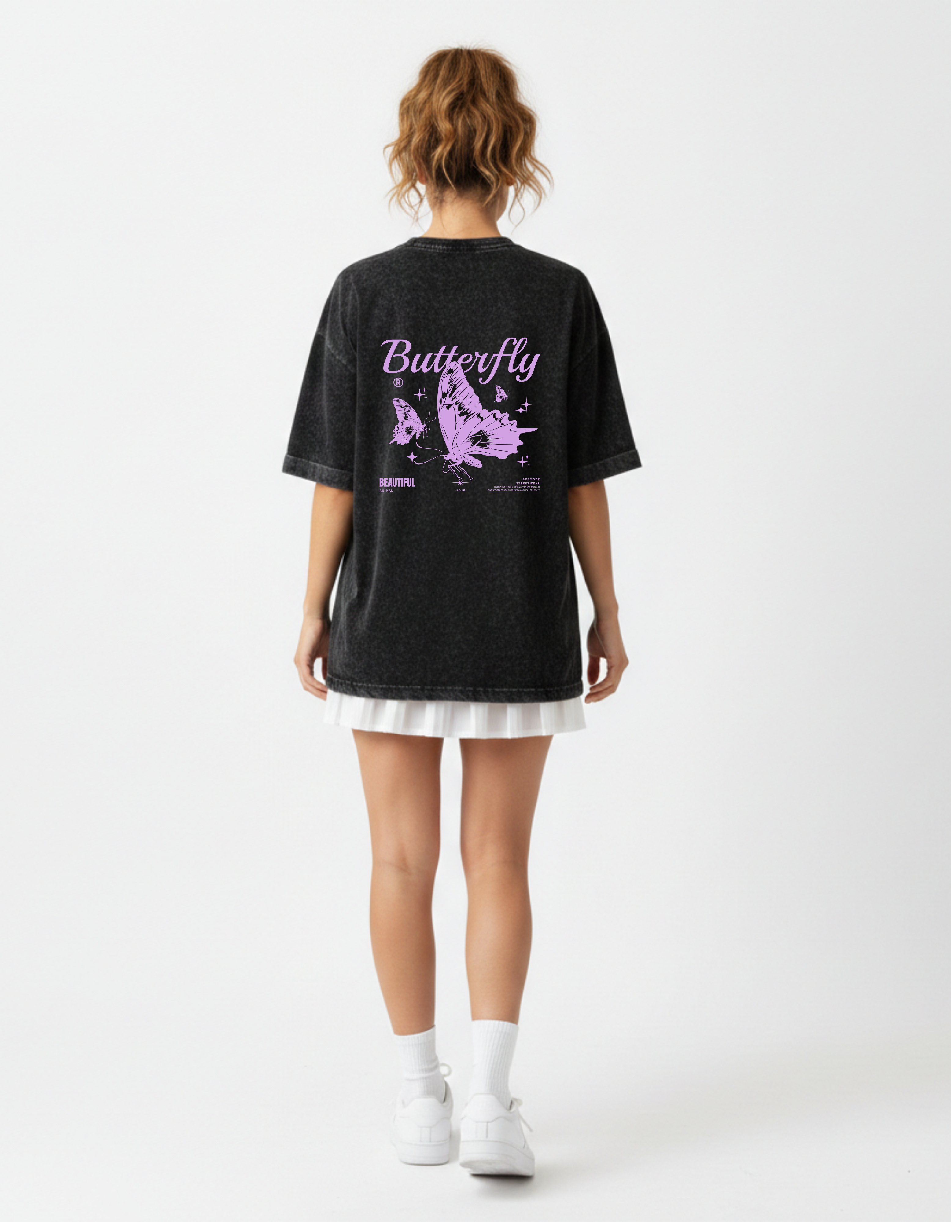Oversized Butterfly Acid Wash T-Shirt for Women | ADEMODE
