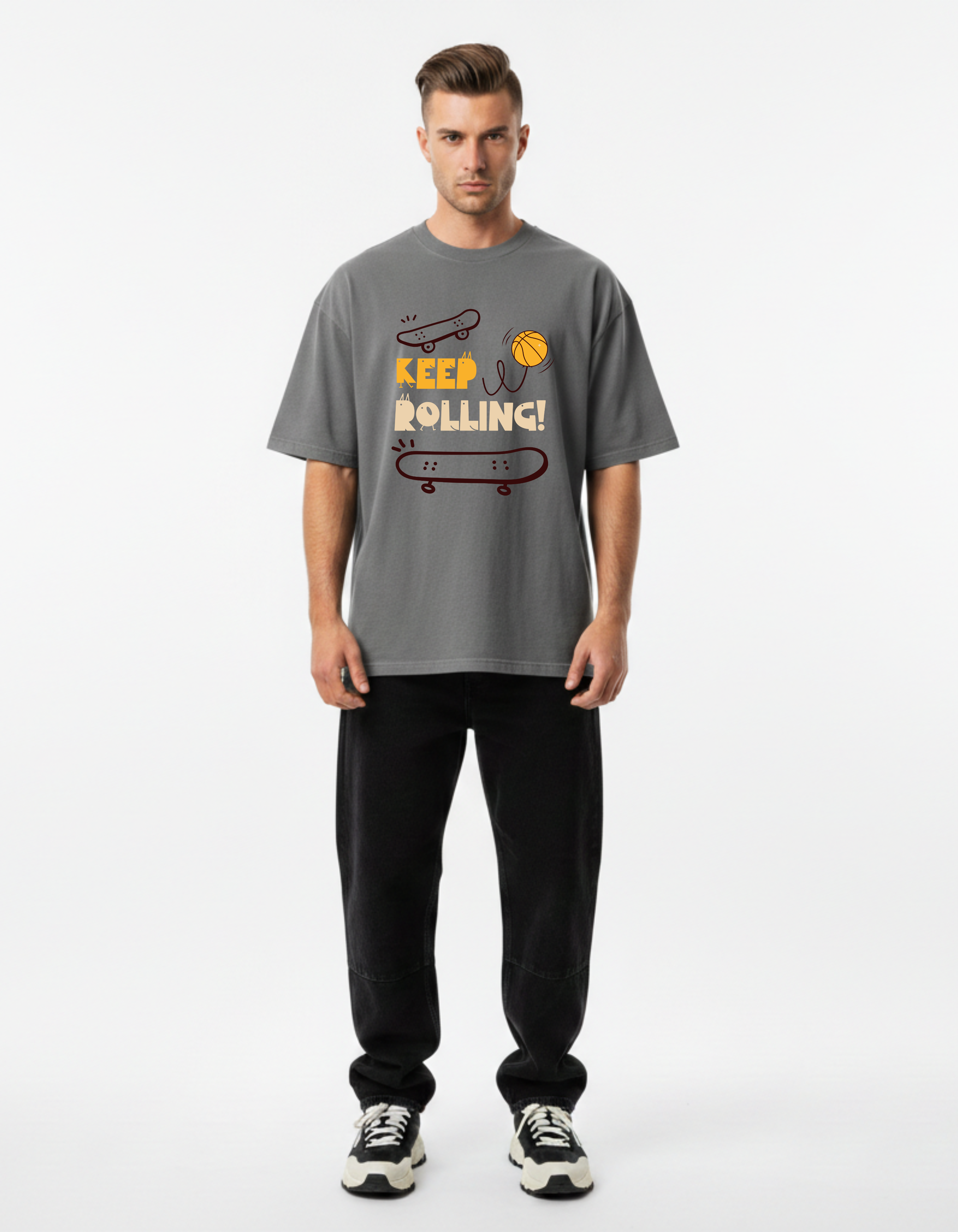 Keep Rolling Oversized Grey T-Shirt for Men | Streetwear Skate Tee – Ademode