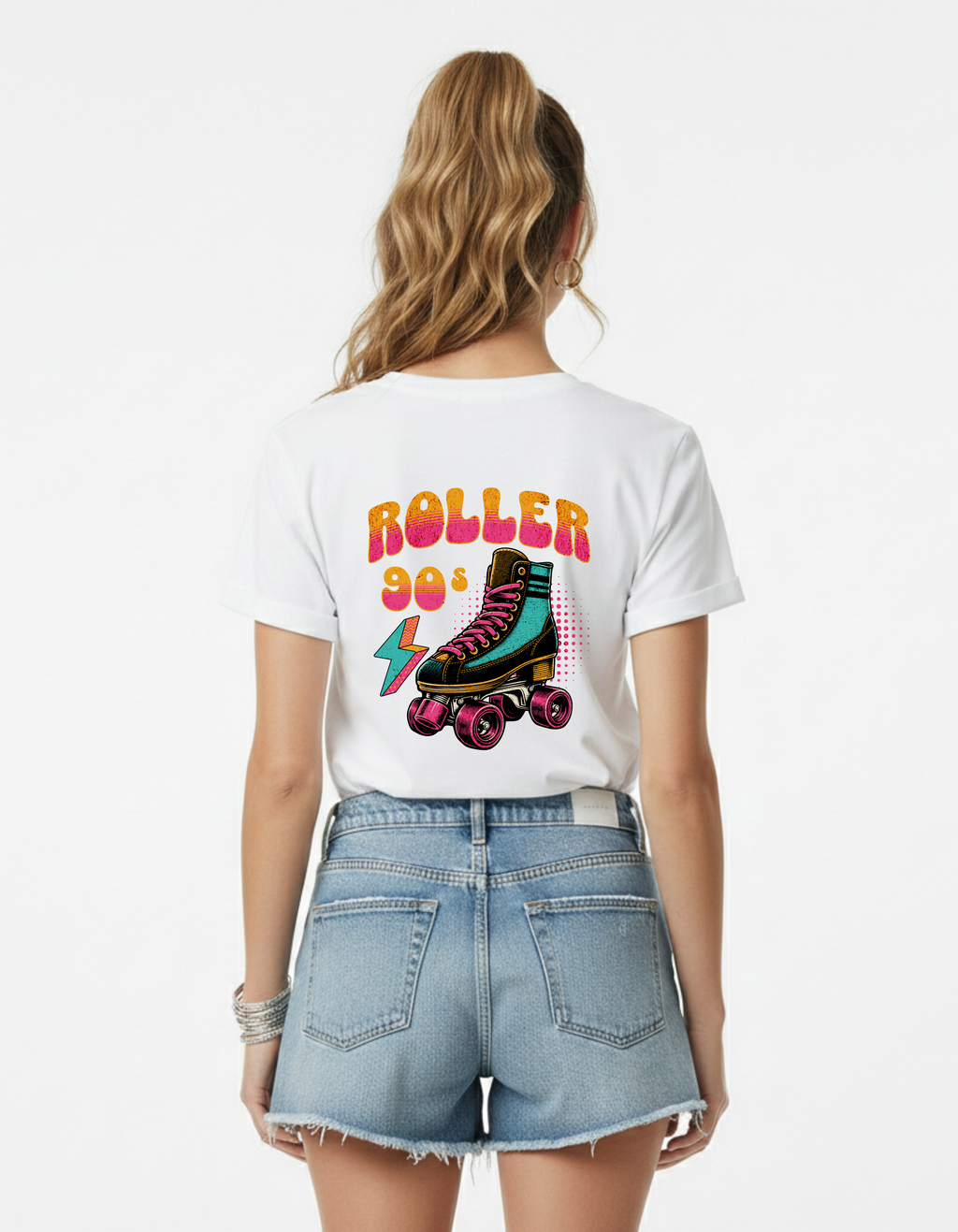 Roller 90s Graphic White T-Shirt for Women | Retro Streetwear Tee – Ademode