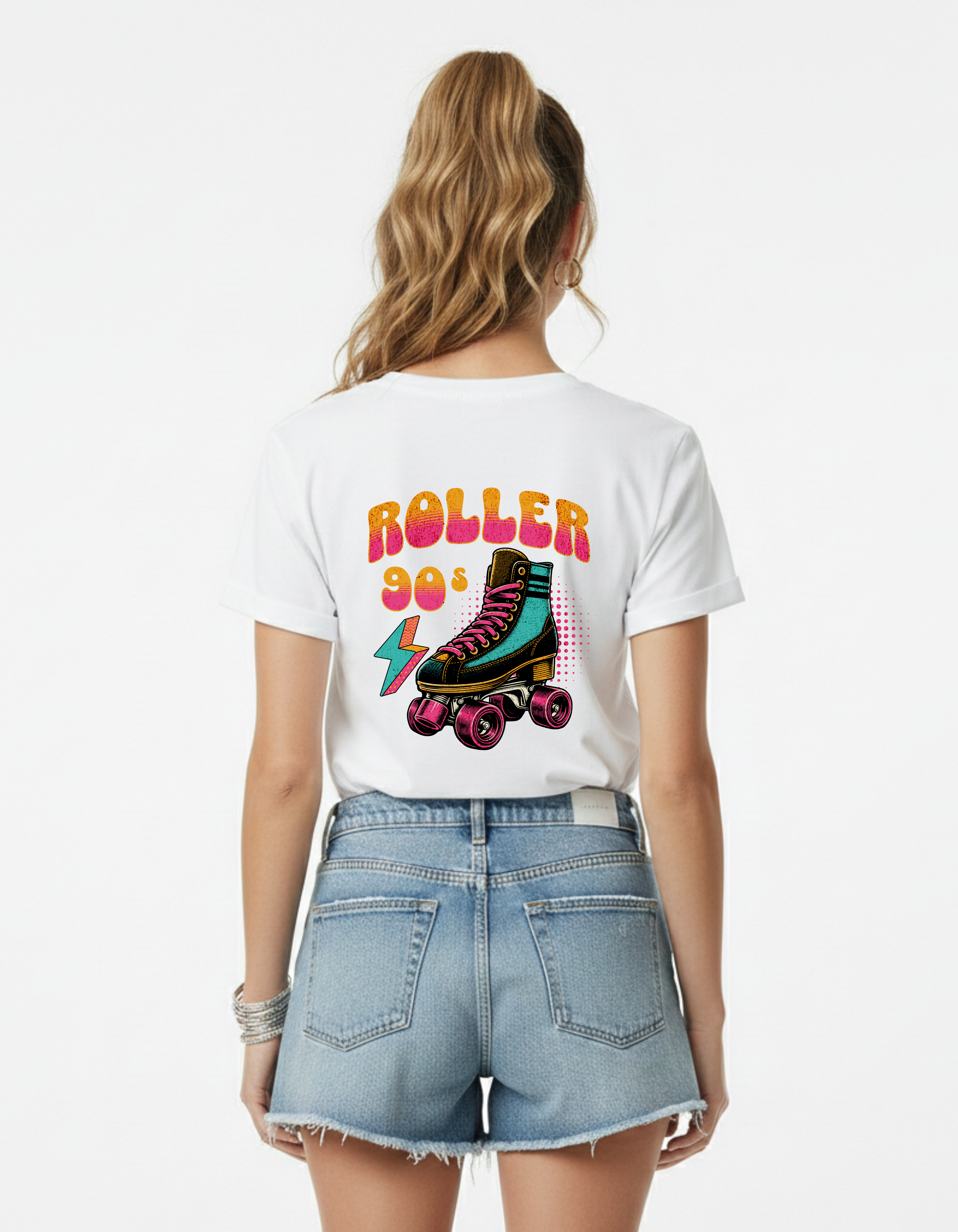 Roller 90s Graphic White T-Shirt for Women | Retro Streetwear Tee – Ademode