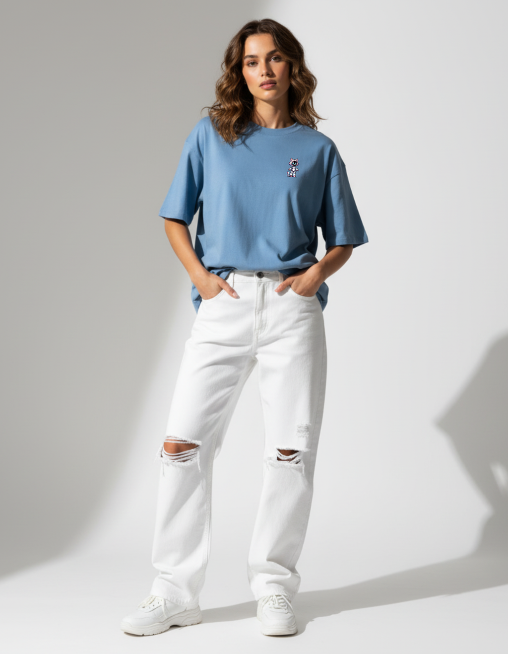 Robo-Cat Oversize Tee | Blue Ice Cyber-Pop